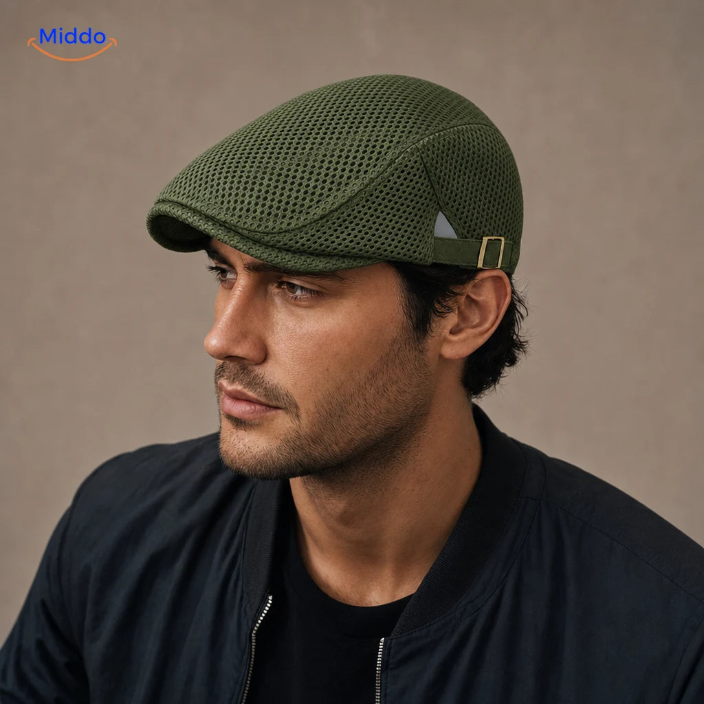 Casual Mesh Flat Cap in Militärgrün an einem Herrenmodell