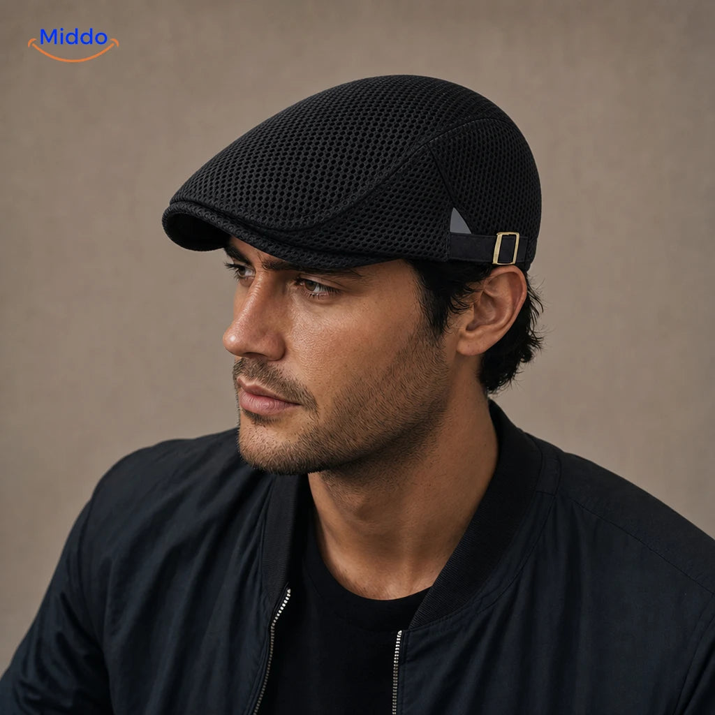 Casual Mesh Flat Cap in Schwarz an einem Herrenmodell