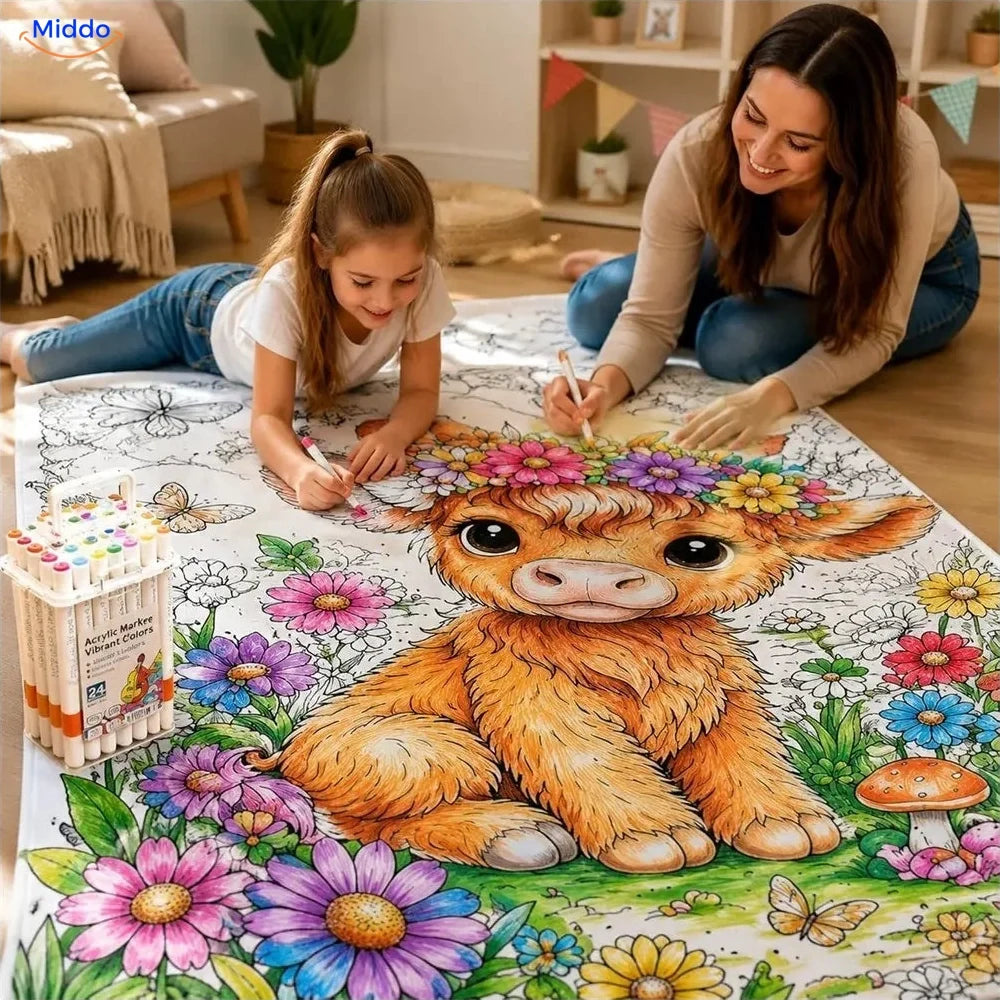 ColorFlow Ausmaldecke - Hochlandrinder-Kalb mit Blumen