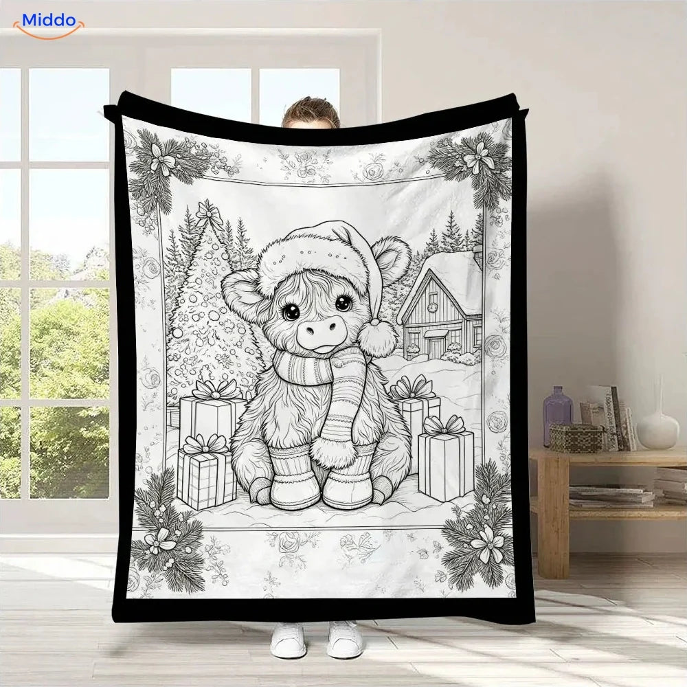 ColorFlow Ausmaldecke - Hochlandrinder-Kalb mit Weihnachtsmütze