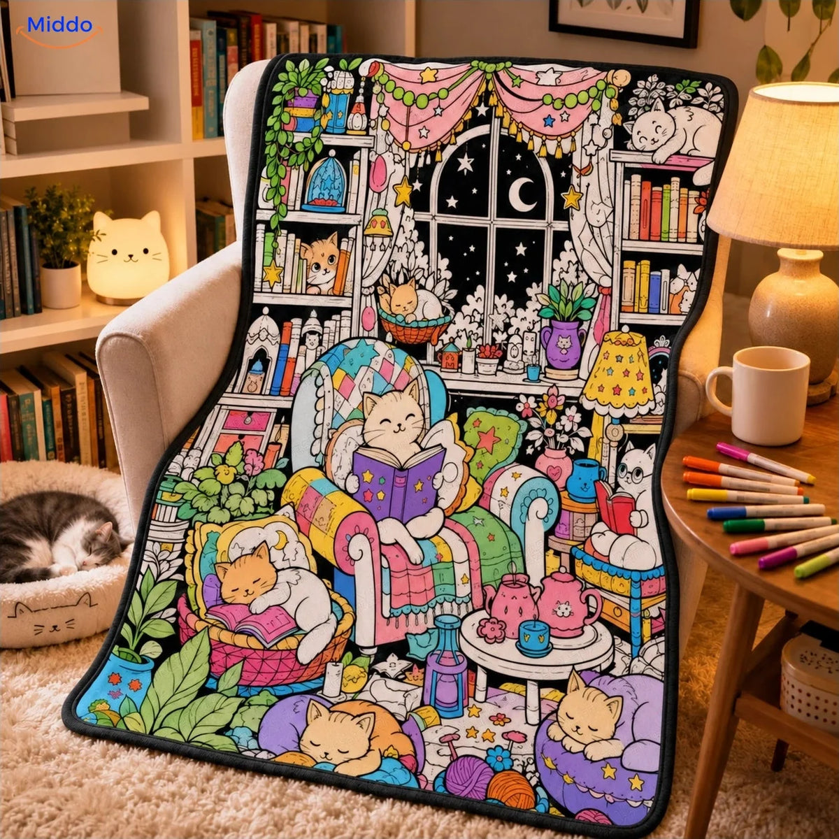 ColorFlow Ausmaldecke - Katzen und Bücher