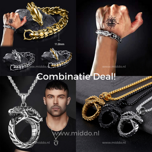 Kombinationsangebot mit Drachenarmbändern und -ketten, goldene und silberne Designs, getragen von Models
