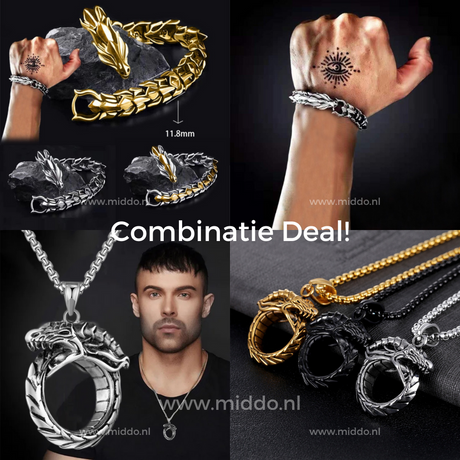 Kombinationsangebot mit Drachenarmbändern und -ketten, goldene und silberne Designs, getragen von Models