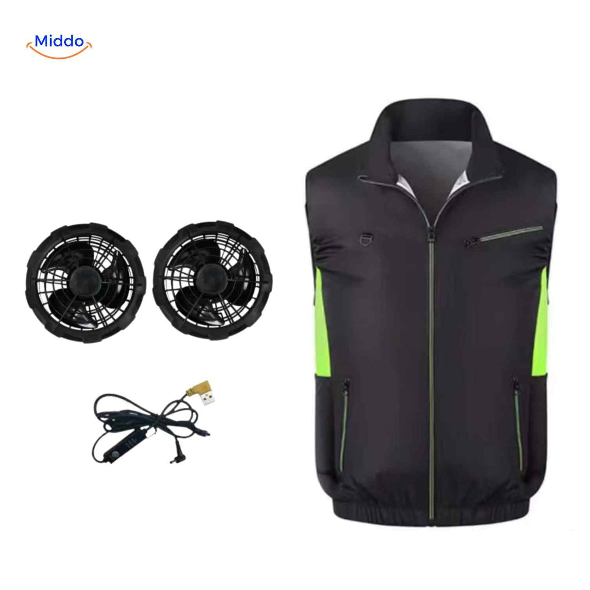 cooltop Arbeitsweste schwarz grün mit Kühlbelüftung und Ventilator-Set www.middo.de