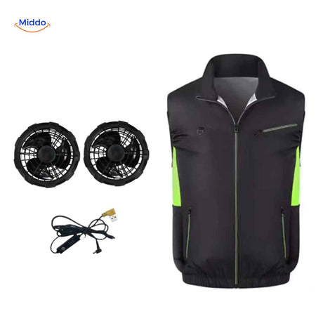 cooltop Arbeitsweste schwarz grün mit Kühlbelüftung und Ventilator-Set www.middo.de