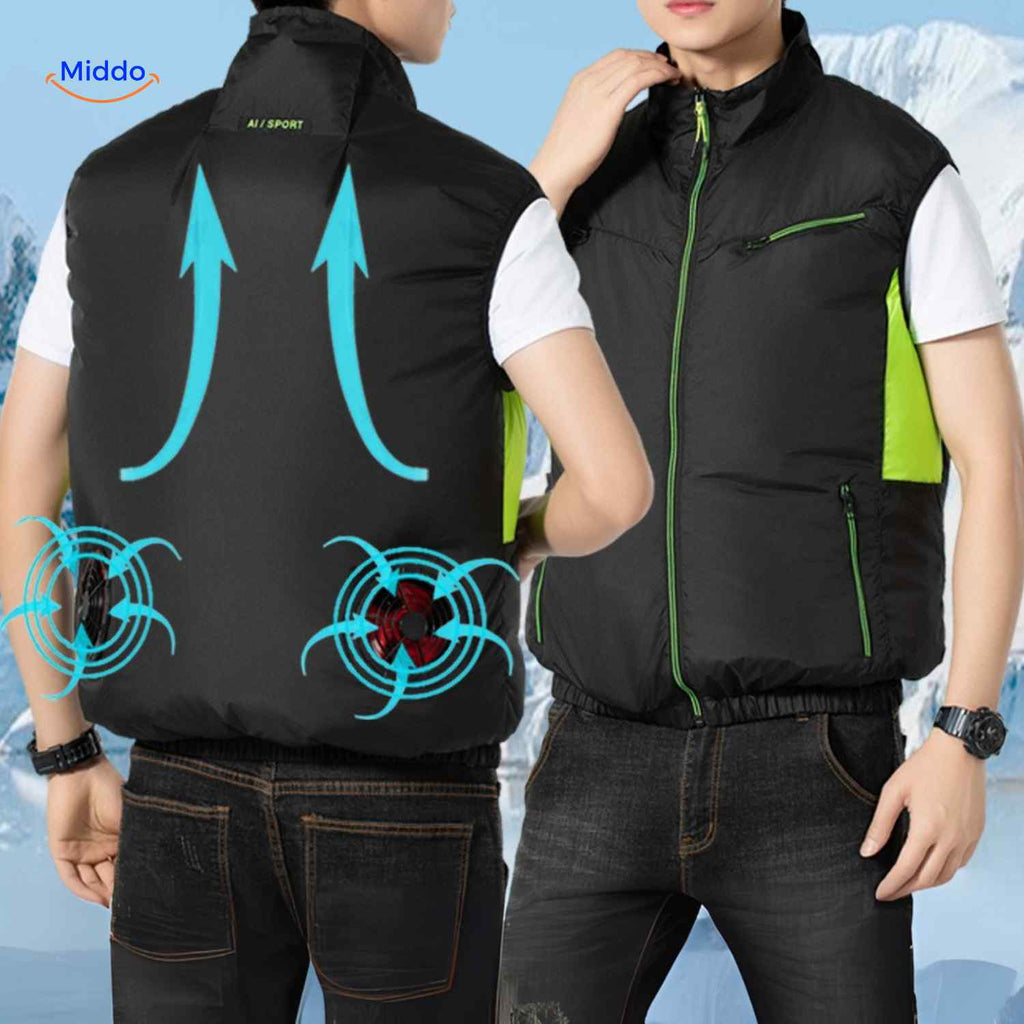 cooltop Arbeitsweste schwarz Modell mit aktiver Luftzirkulation und Kühlung www.middo.nl