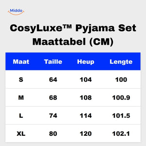 Die Größentabelle für das Cosyluxe Pyjama-Set von S bis XL in cm finden Sie auf www.middo.de