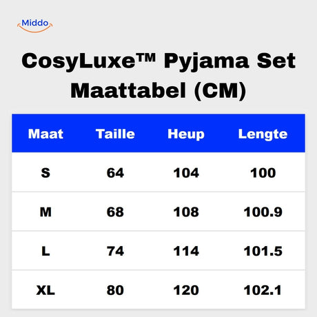 Die Größentabelle für das Cosyluxe Pyjama-Set von S bis XL in cm finden Sie auf www.middo.de