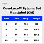 Die Größentabelle für das Cosyluxe Pyjama-Set von S bis XL in cm finden Sie auf www.middo.de.