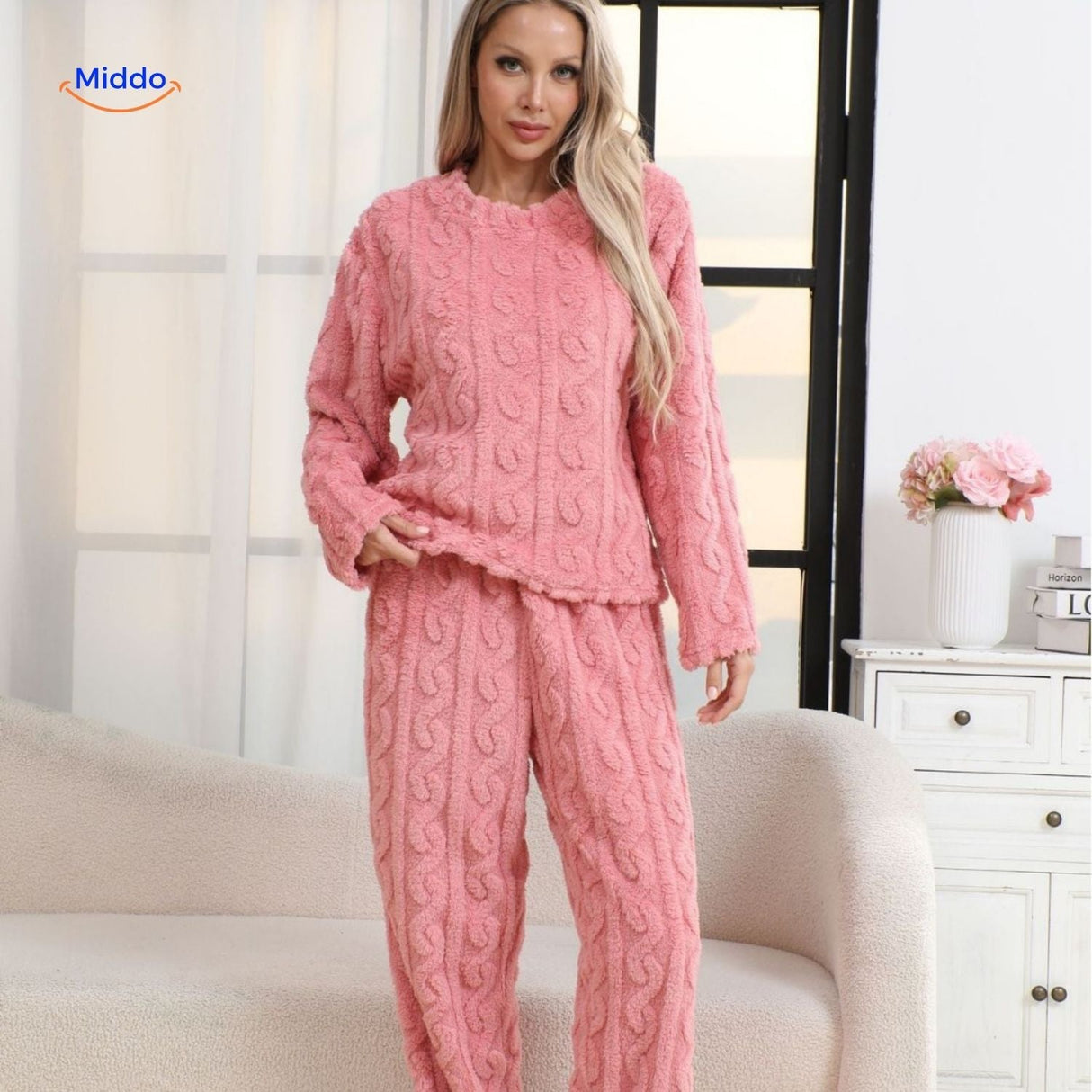 CosyLuxe Pyjama Set Rosa, weiches Fleece, bequem und warm
