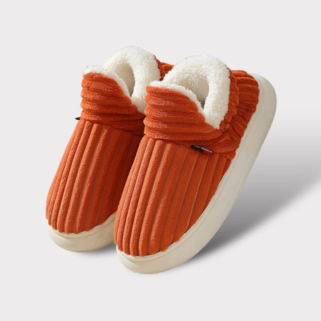 Orangene Komfort-Fleece-Pantoffeln mit weißem Fleece-Futter und weißen Gummisohlen