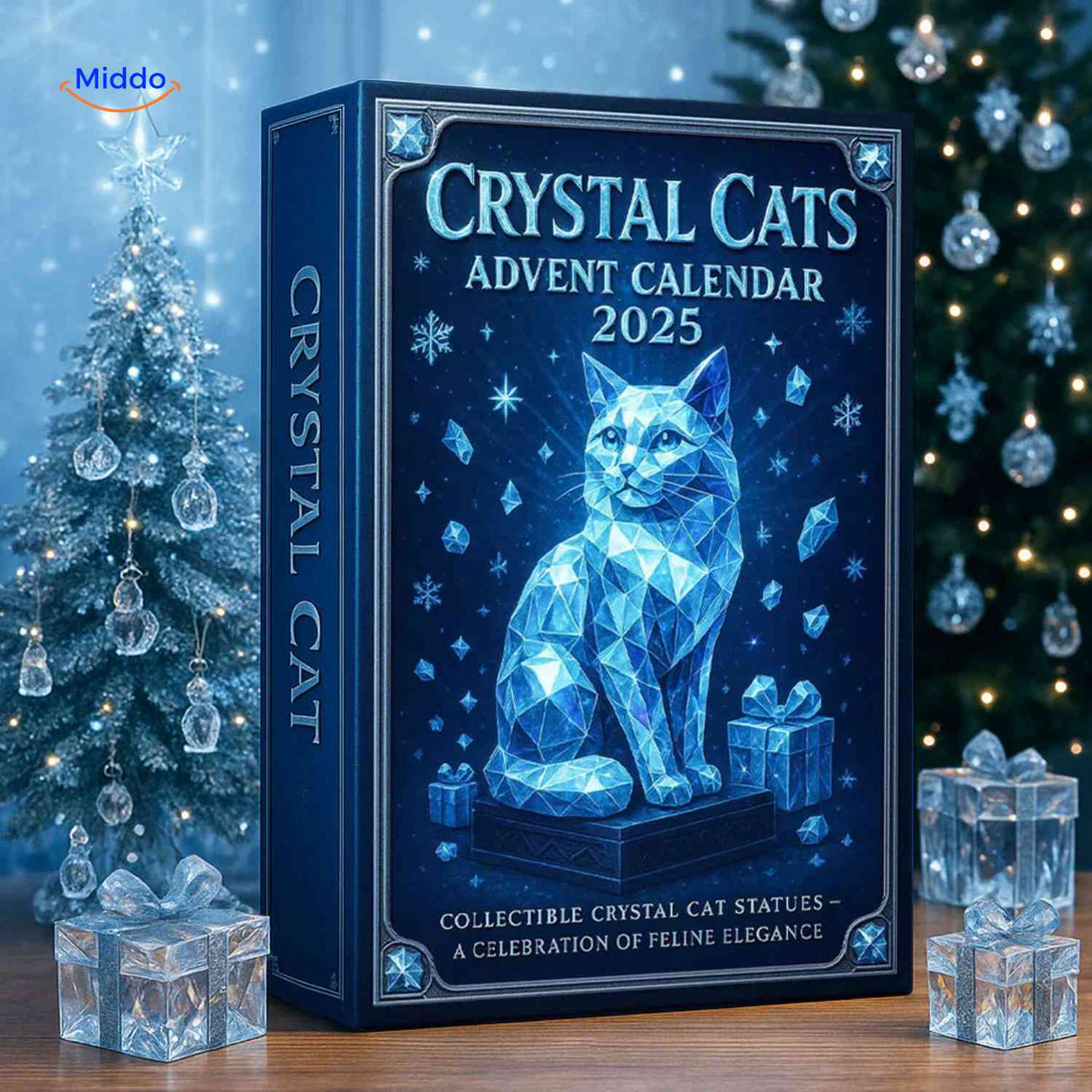 CrystalPaws Adventskalender hyphenated Kristallkatze auf dem Bücherregal