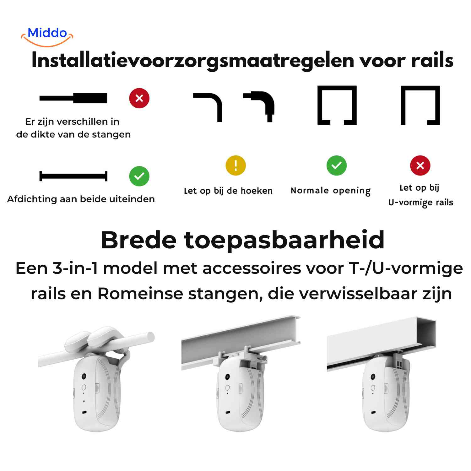 curtana Vorhangmotor Installationsanleitung und Kompatibilität mit mehreren Schienen www.middo.nl