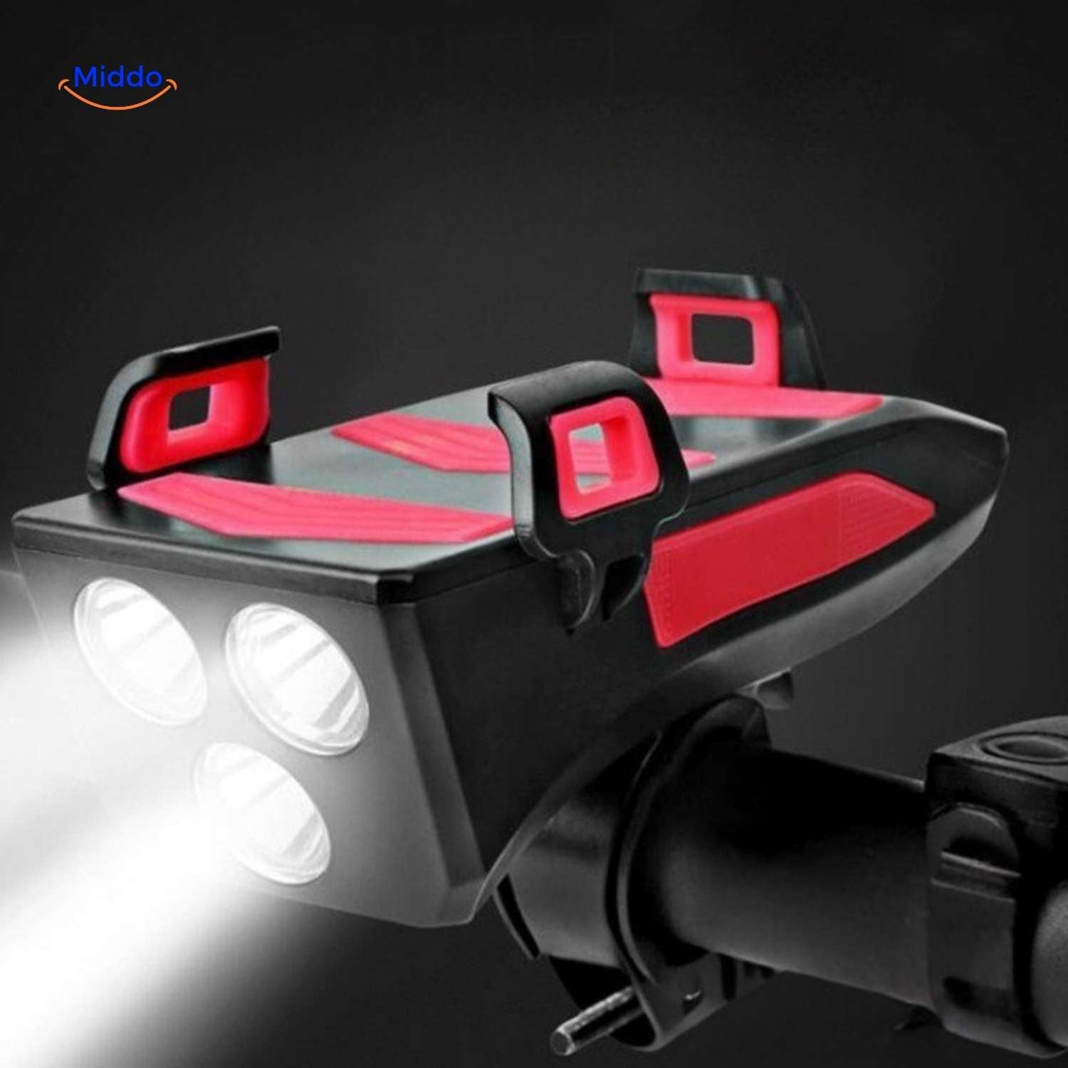 Cyclomax Fahrrad Gadget: Telefonhalterung mit Powerbank und Licht – Roter Akzent. Besuchen Sie uns auf www.middo.nl.