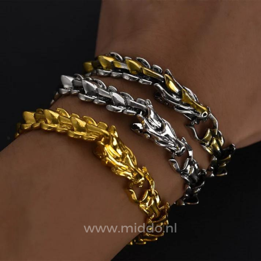 Armband mit drei Drachen in Gold, Silber und Schwarz, Nahaufnahme der Armbänder.