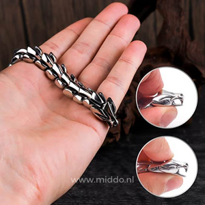 Hand hält ein silbernes Drachenarmband, Detailaufnahme des Drachenkopfs und der Glieder