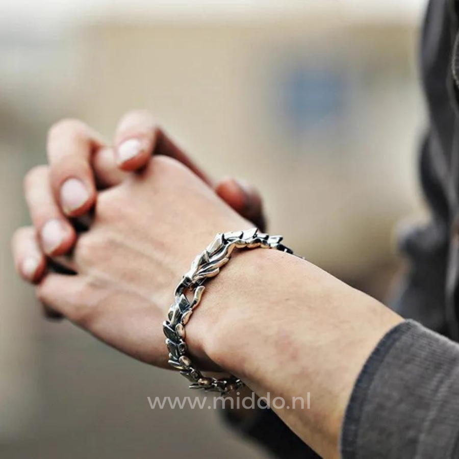 Person mit gefalteten Händen trägt ein silbernes Drachenarmband, im Freien fotografiert