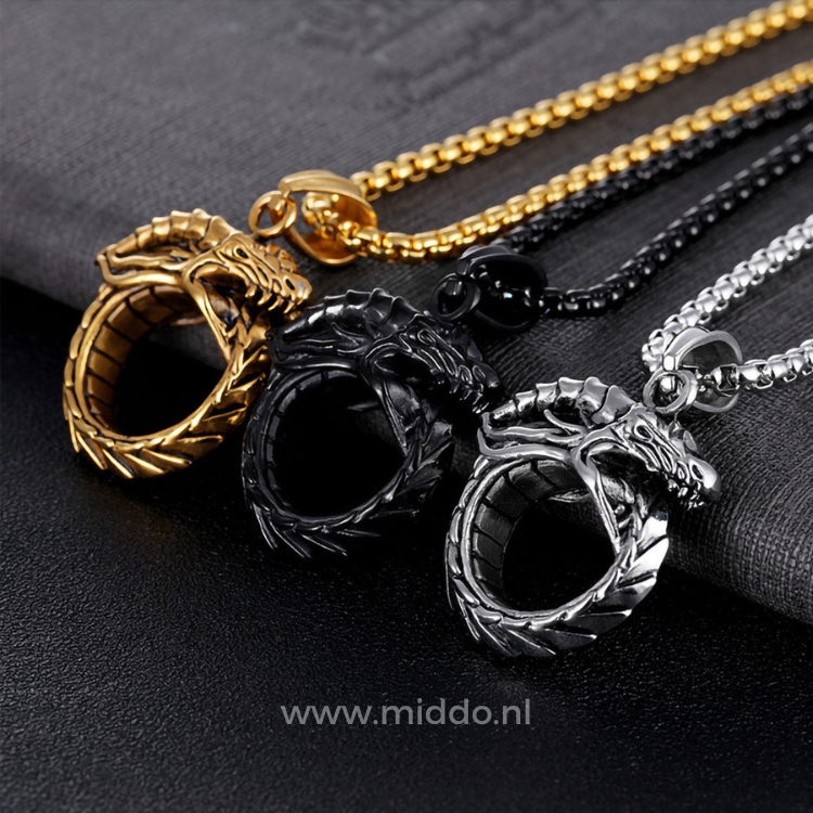 Drachenkette in Gold, Schwarz und Silber auf schwarzem Hintergrund