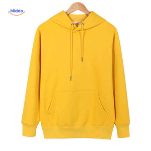 Fleecora Hoodie gelber Hoodie Produkt auf Bügel www.middo.de