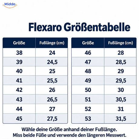 Flexaro Größentabelle: Schuhgrößen 38–53 und Fußlänge in cm