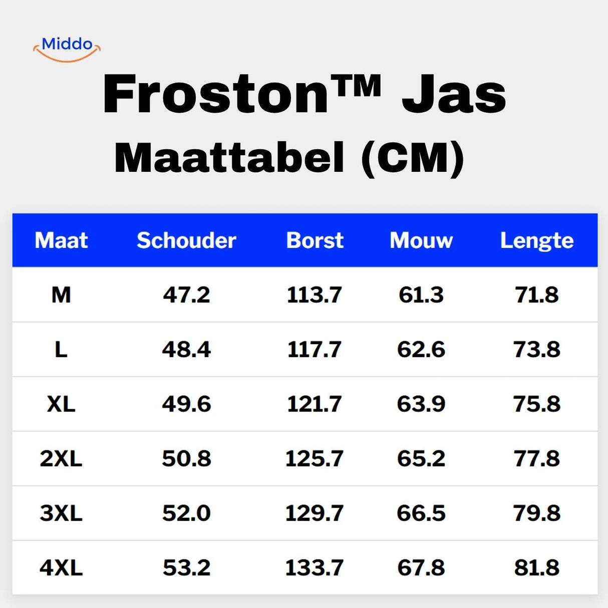 Froston Jacke Größentabelle mit Schulter-, Brust-, Ärmel- und Längenangaben in cm - www.middo.de