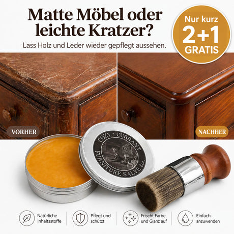 Holzkommode vor und nach der Behandlung mit Furnituresalve™, mit Balsam und Pinsel