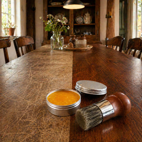 Holztisch mit matter und glänzender Hälfte, Furnituresalve™ und Pinsel