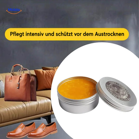 Furnituresalve™ neben Ledersofa, Tasche und Schuhen mit Hinweis auf die intensive Pflege