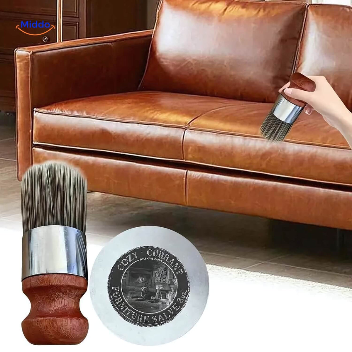 Furnituresalve™ mit Pinsel neben einem Ledersofa