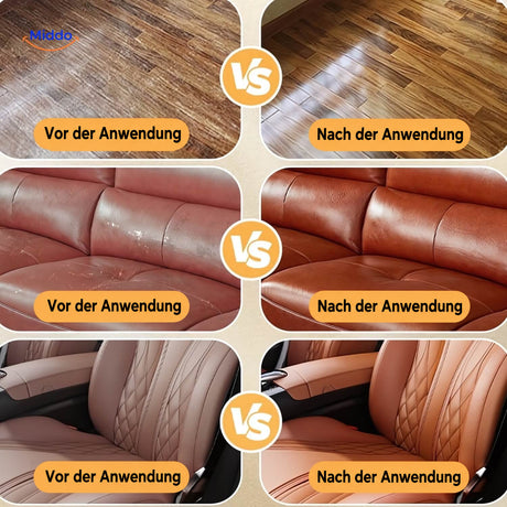 Holzboden, Ledersofa und Autositz vor und nach der Anwendung von Furnituresalve™