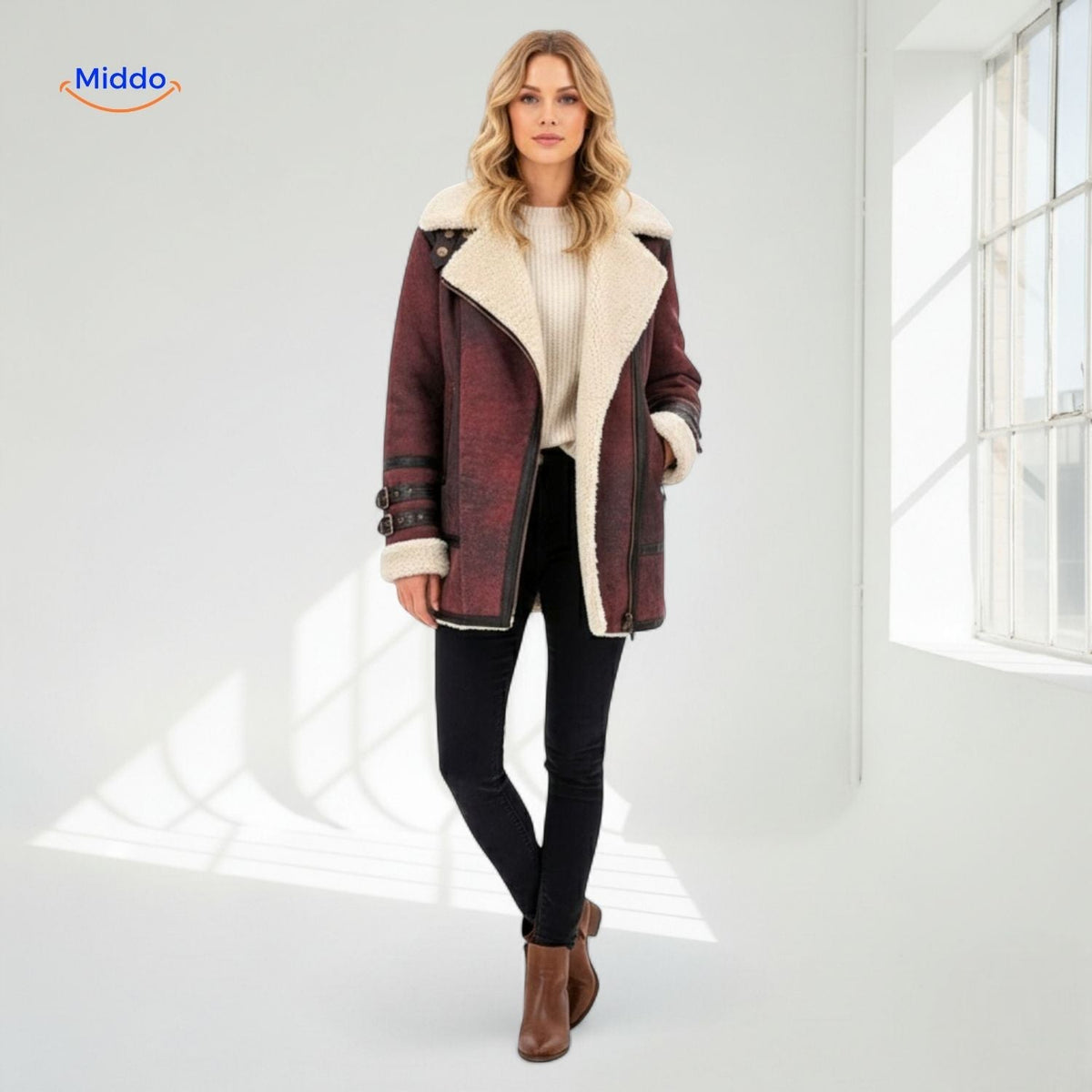 Furvia Bordeaux-Rote Damenjacke aus warmem Kunstfell mit Lederdetails - www.middo.de