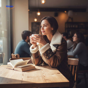 Furvia Jacke, Café-Szene mit Büchern und Kaffee