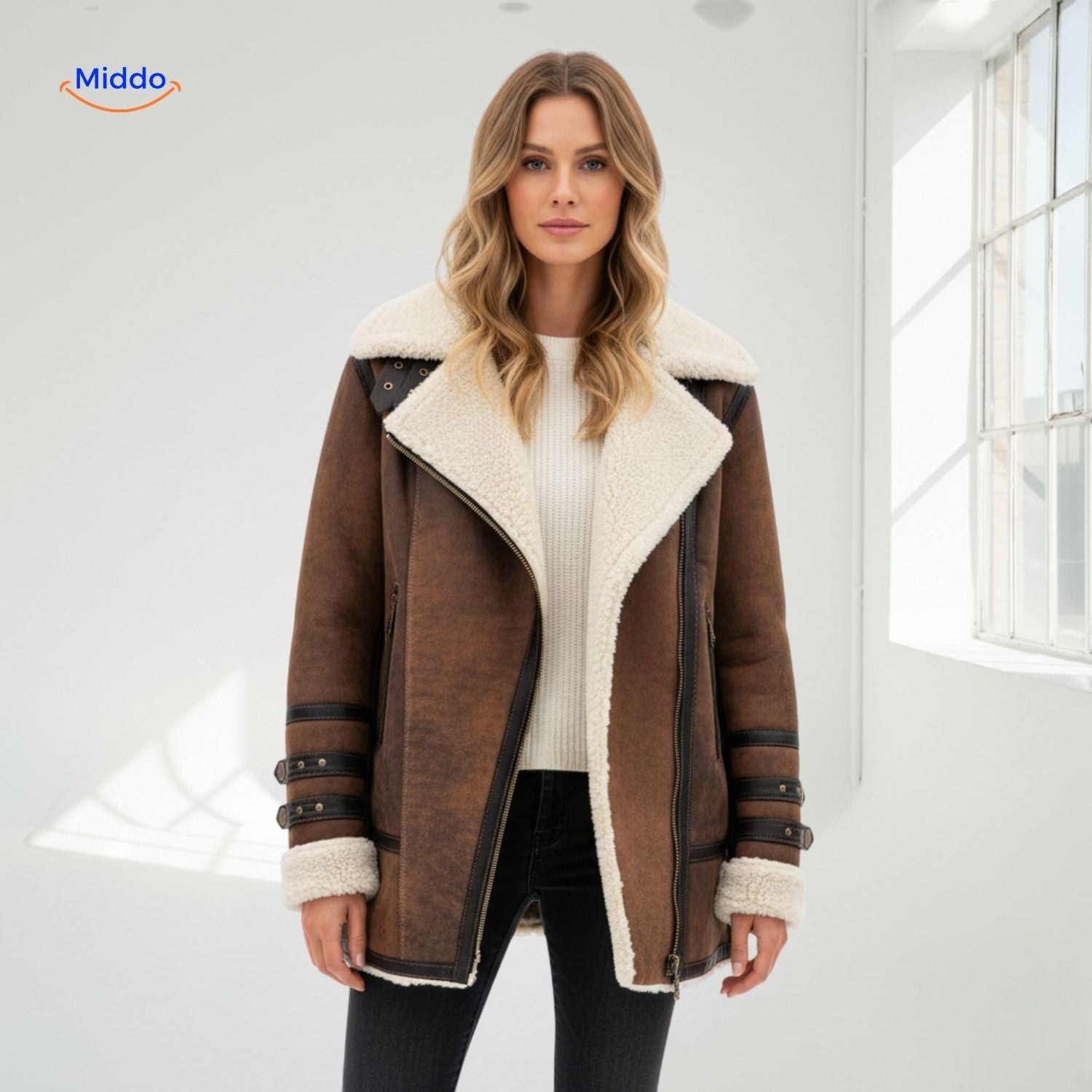 Furvia Damenjacke - Luxuriöse, warme Shearling-Bikerjacke bei www.middo.de