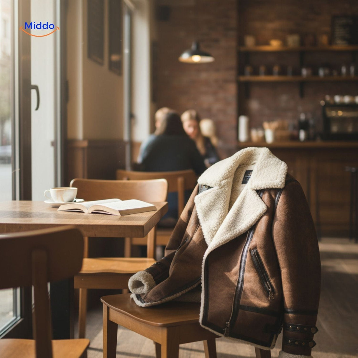 Furvia Jacke auf dem Stuhl, gemütliches Café-Interieur