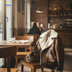 Furvia Jacke auf dem Stuhl, gemütliches Café-Interieur