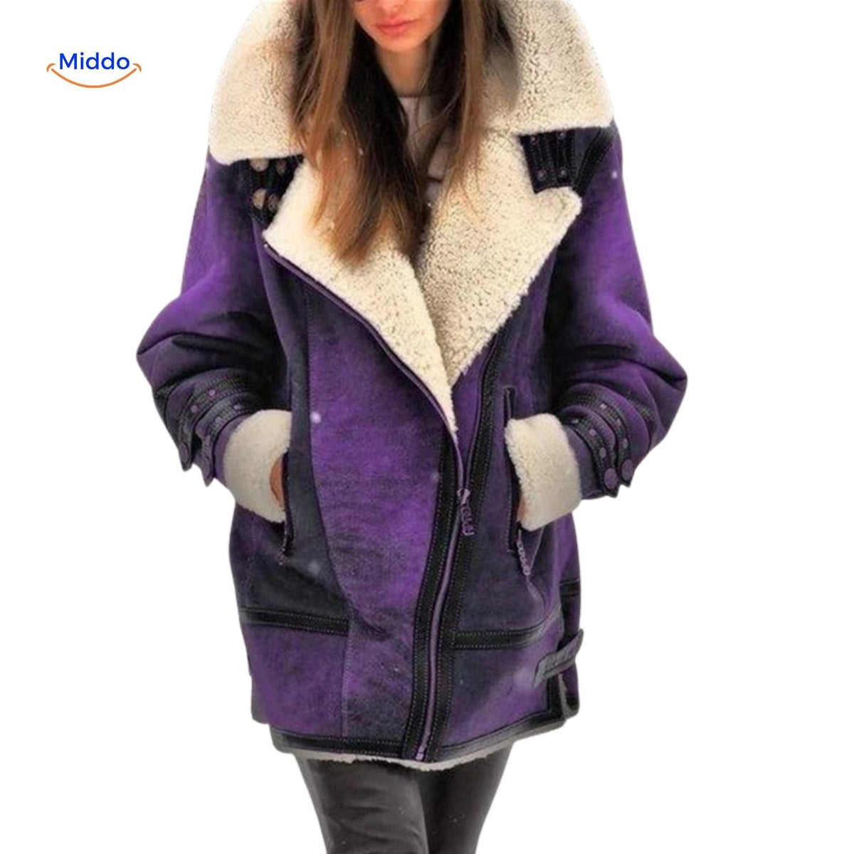 Furvia Damen-Jacke mit warmem Kunstfell – Lange Jacke in Lila | www.middo.de