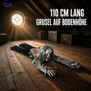 GhostEcho™ 110 cm langer geräuschaktivierter kriechender Halloween-Geist auf einem Dachboden