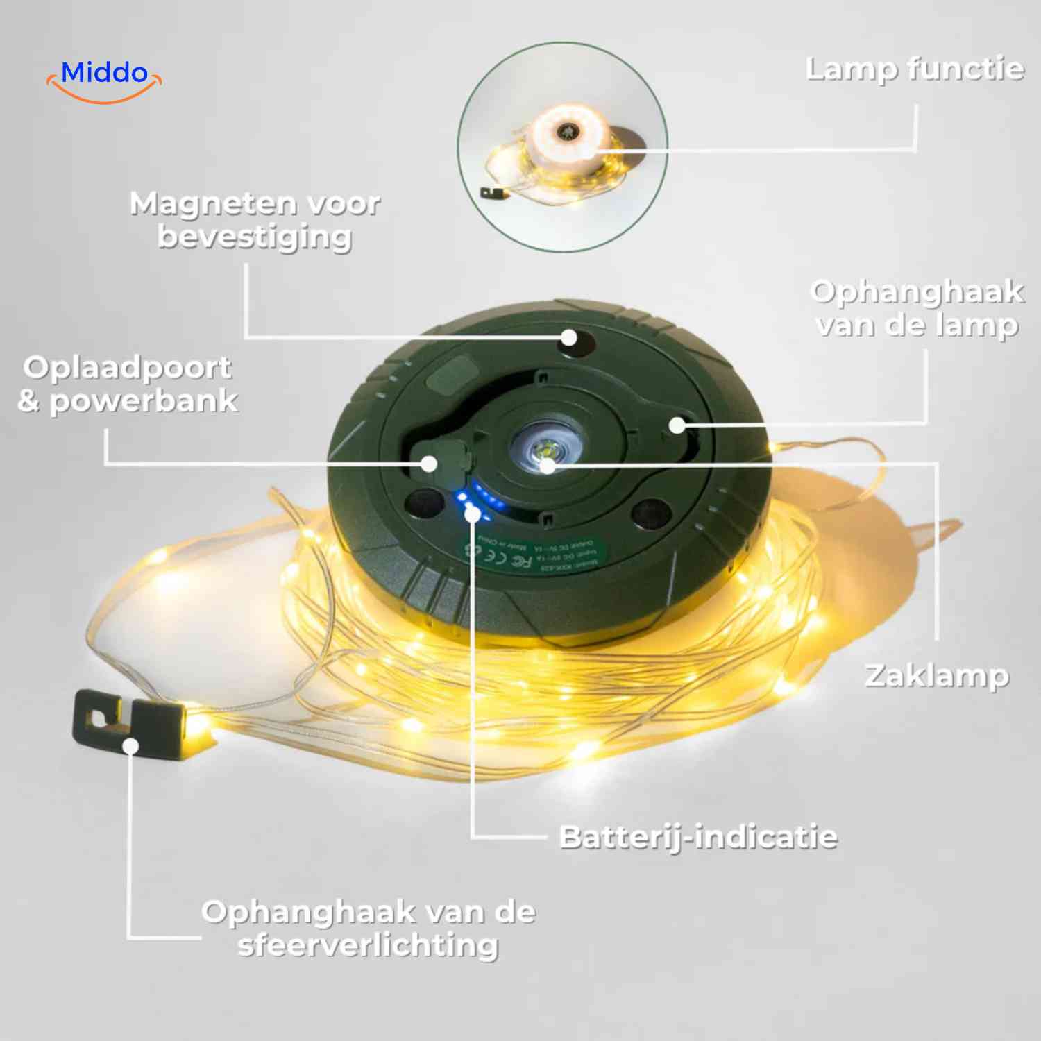 glowmate Lampe mit Magnet-Haken und Powerbank-Funktion www.middo.nl