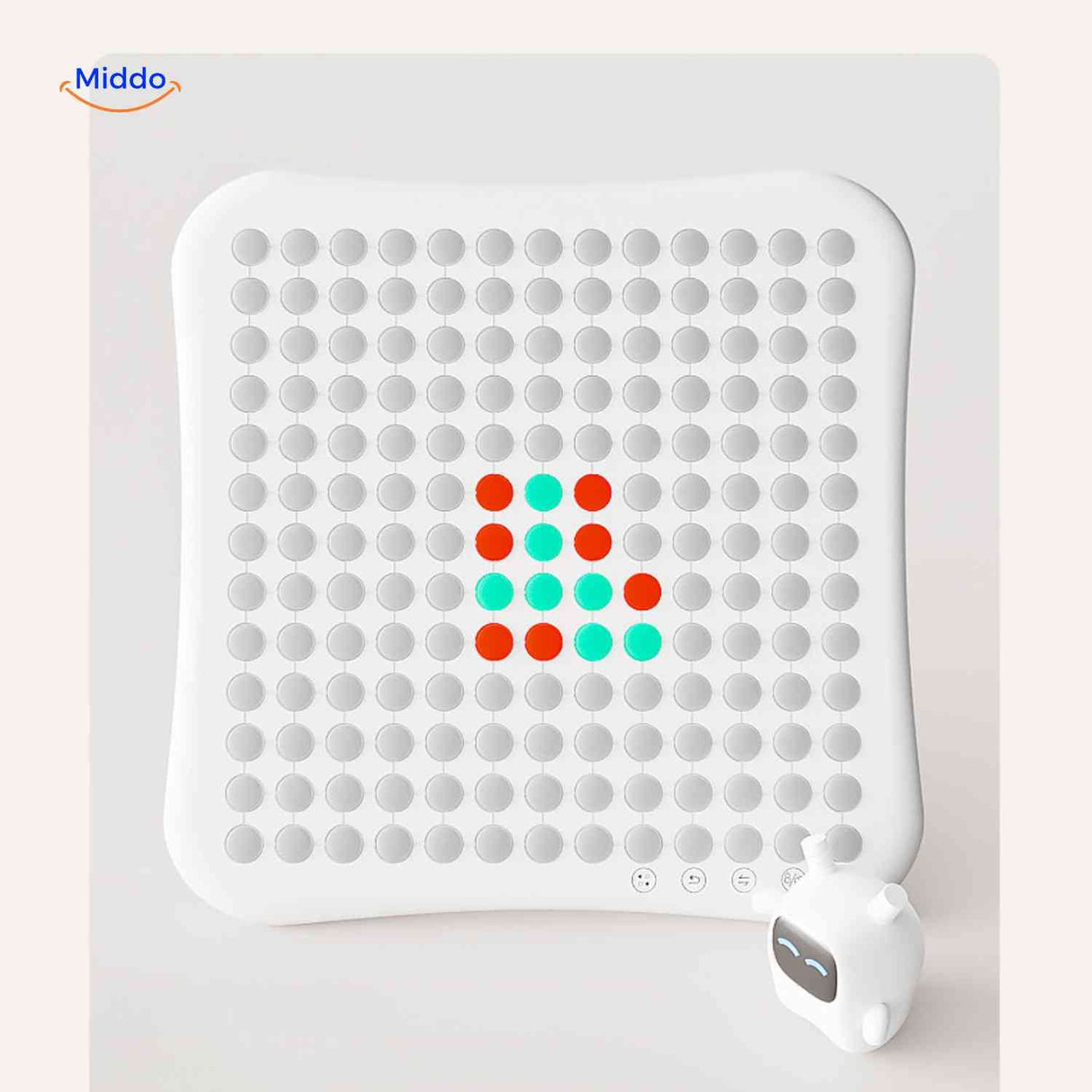 Gobango Spielkonsole in Weiß mit LED-Spielbrett, bunten Pixelmustern und Roboterfigur – www.middo.de