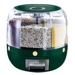 Grüner Getreide-Dispenser mit mehreren Arten von Bohnen und Getreide darin.