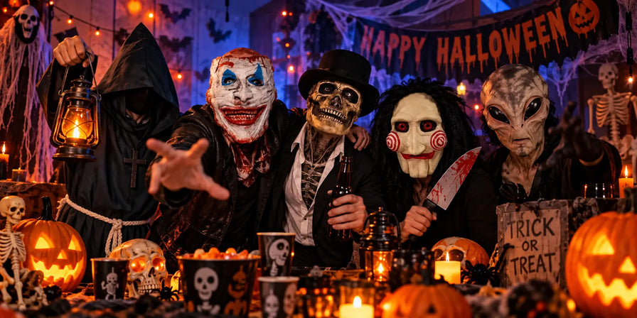 Halloween-Masken und Skelettkostüm auf einer Halloween-Party