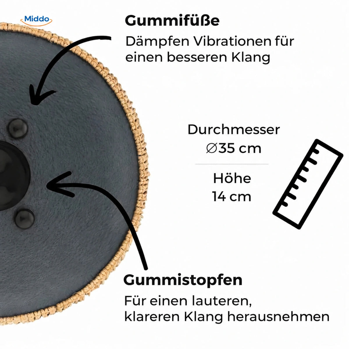 Unterseite der Harmonii Stahlzungentrommel mit Gummifüßen und Gummistopfen, 35 cm Durchmesser.