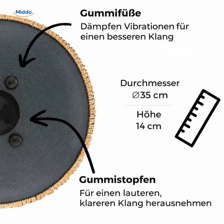 Unterseite der Harmonii Stahlzungentrommel mit Gummifüßen und Gummistopfen, 35 cm Durchmesser.