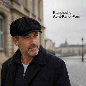 Mann trägt schwarze Heritage Eight Schiebermütze mit Acht-Panel-Form und kurzem Schirm