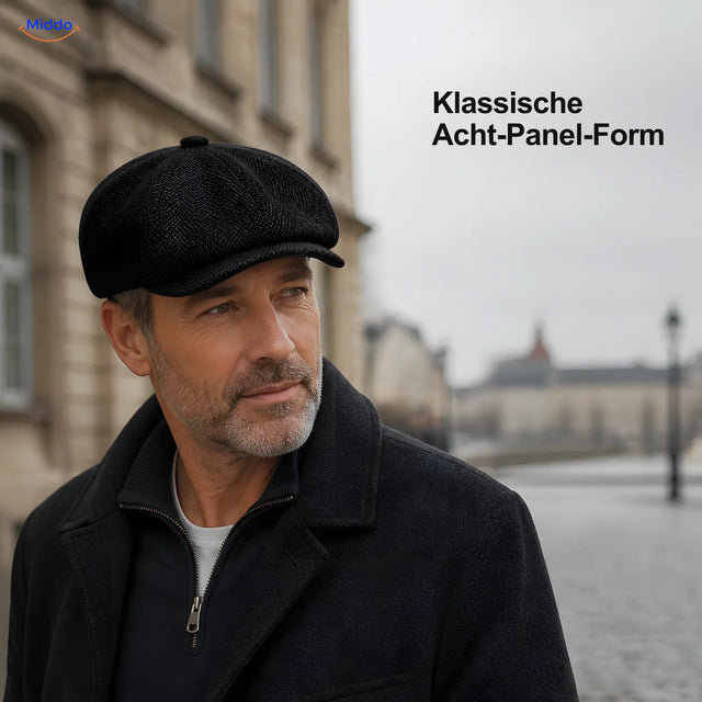 Mann trägt schwarze Heritage Eight Schiebermütze mit Acht-Panel-Form und kurzem Schirm