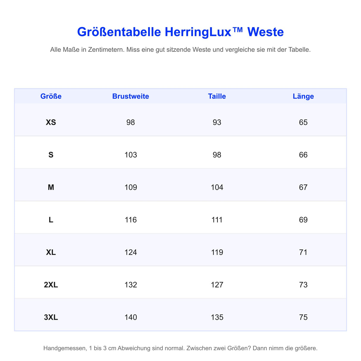 Größentabelle HerringLux Weste