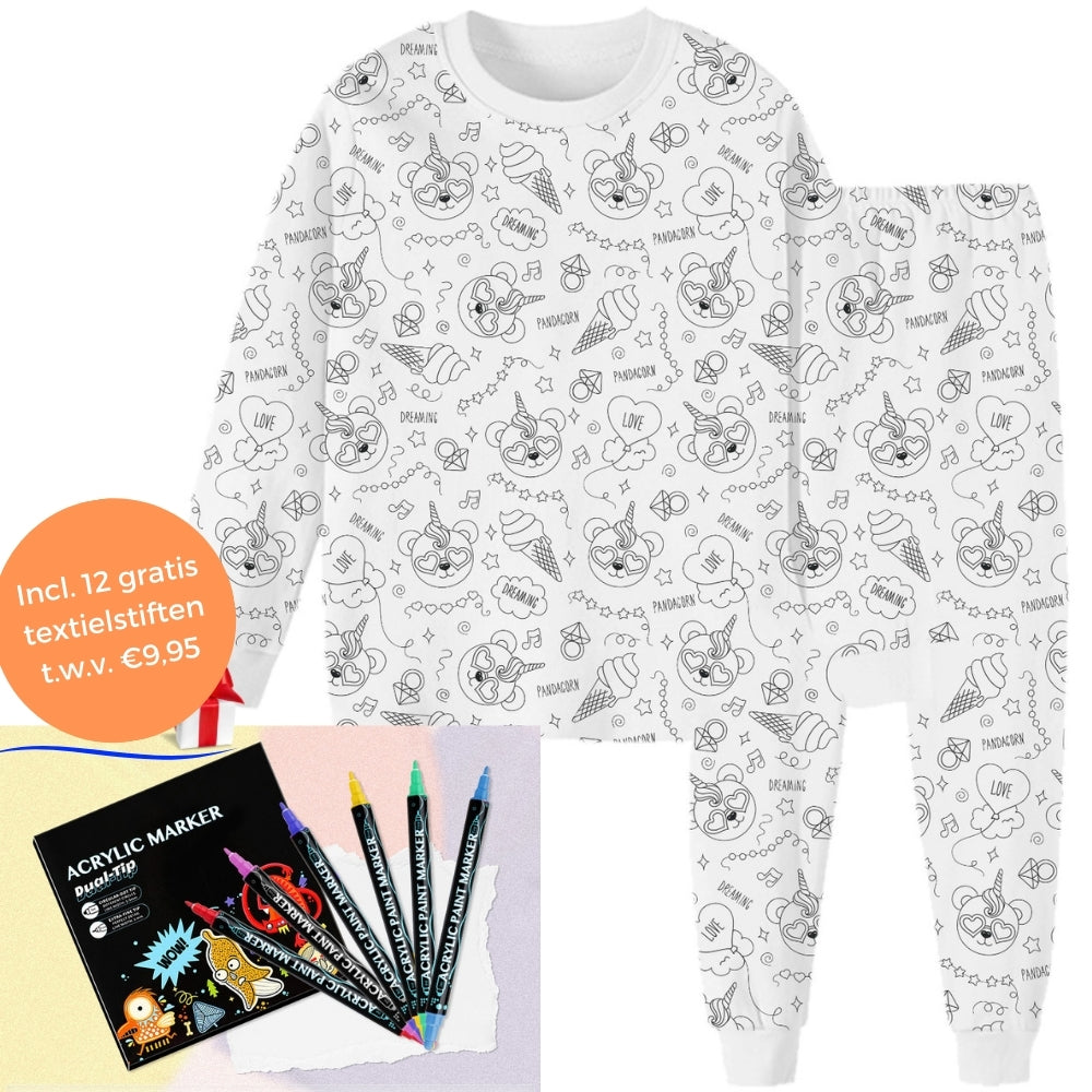 Färbbarer Einhorn-Pyjama mit 12 kostenlosen Textilmarkern.
