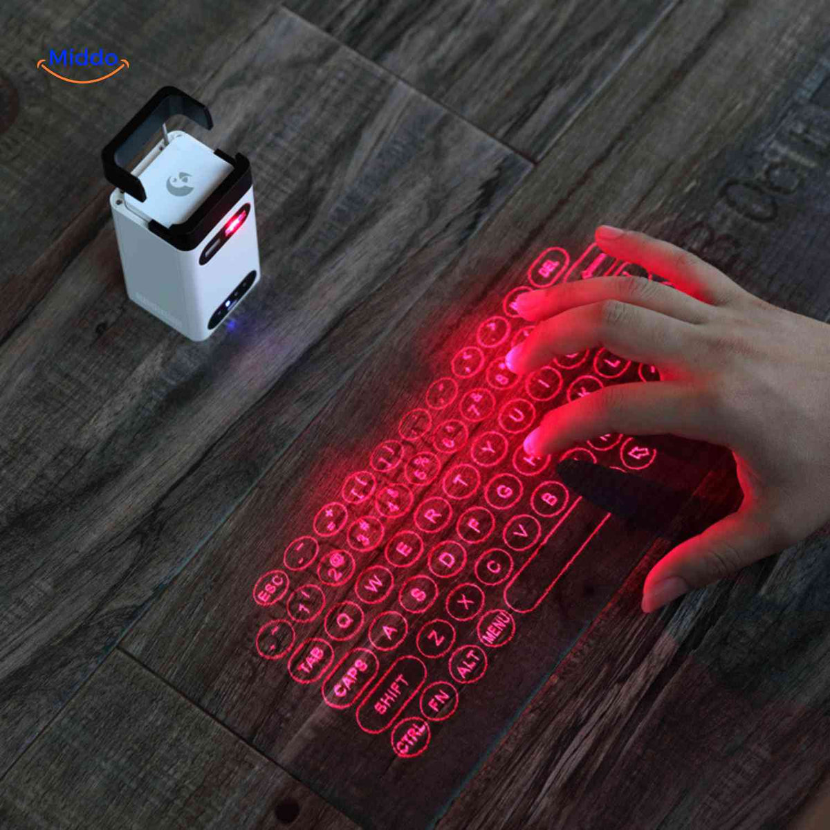 keybeam Tastatur Laserprojektion auf Tisch mit Handbenutzung