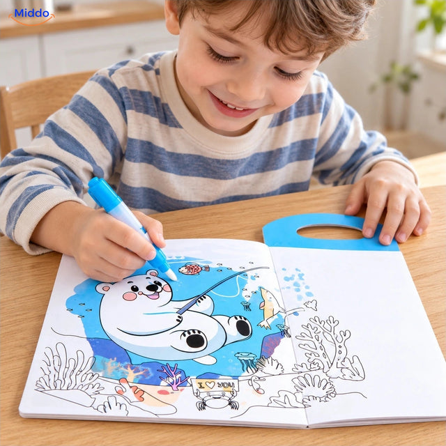 Kind malt mit Wasserstift im blauen AquaDraw Wassermalbuch