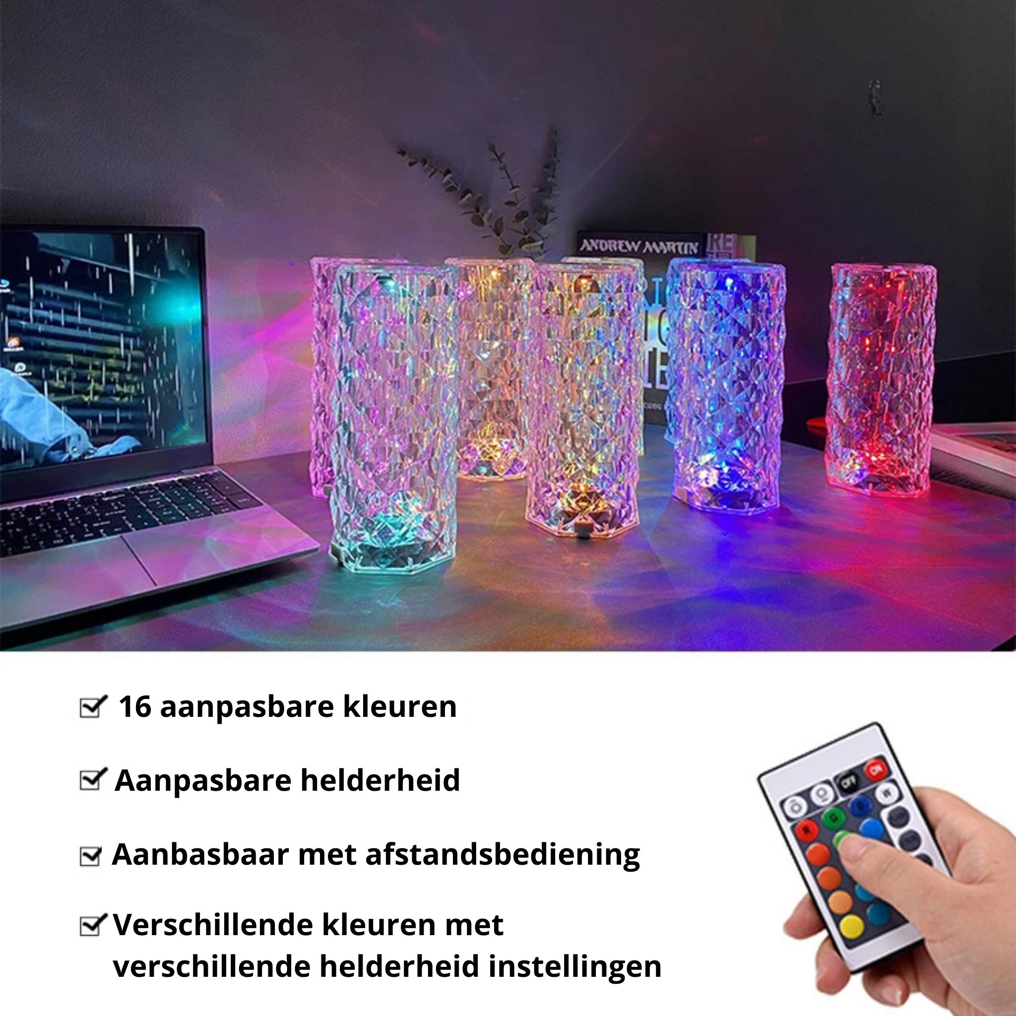 Kristall Tischlampe mit Fernbedienung und verschiedenen Helligkeitseinstellungen.